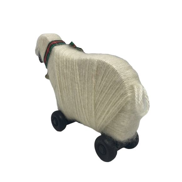 Primitive Wooly Lamb Sheep Holiday Figurine on Wheels Wood Body Bell Bow Vintage - Picture 6 of 15